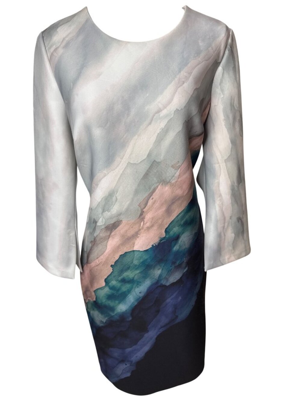 Donna Karan Watercolor Print Sheath Dress Size 16 With 3/4 Sleeves